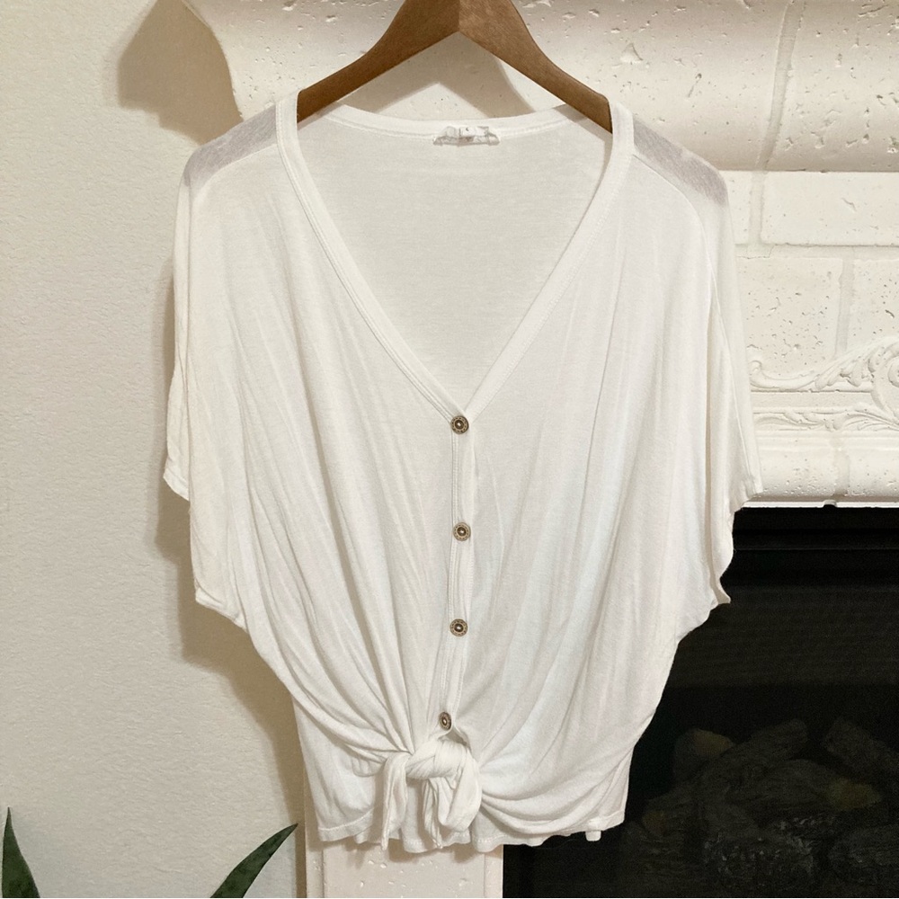 White Tee Tie Waist Button Up Top Size S - M Small Medium